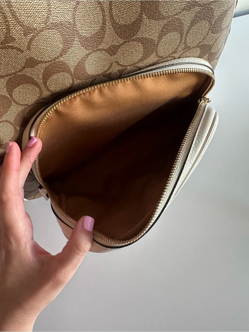 Coach Brown Signature Full-Size Court Canvas Backpack with Cream Front Pocket